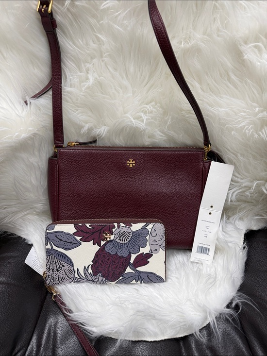Tory Burch Handbags - Tory Burch Burgundy Pebbled Leather Crossbody with Floral Zip Wallet